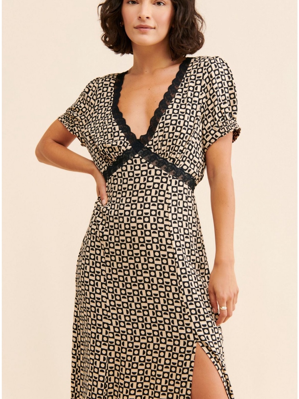 Free People Lace-Trim Geometric Midi Dress in Black & Cream